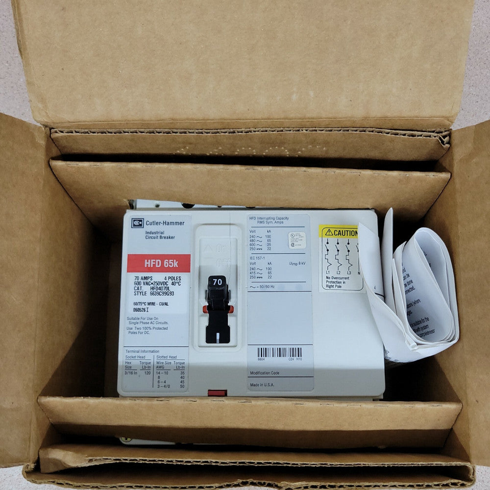 NEW HFD4070L  Cutler Hammer Circuit Breaker 4 Pole 70 Amp 600V (New in Box)