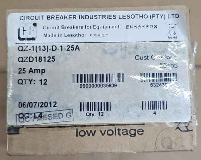 1) CBI Box of 12 QZD18125 1 POLE 25 AMP Circuit Breaker
