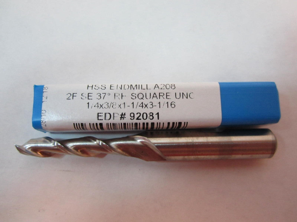 92081 Niagara HSS 1/4 X 3/8 X 1-1/4 X 3-1/16 Square UNC Endmill New