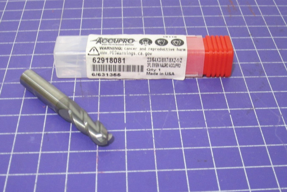 23/64" Solid Carbide 3F Ball End Mill 7/8" LOC 40° Helix 2-1/2" OAL