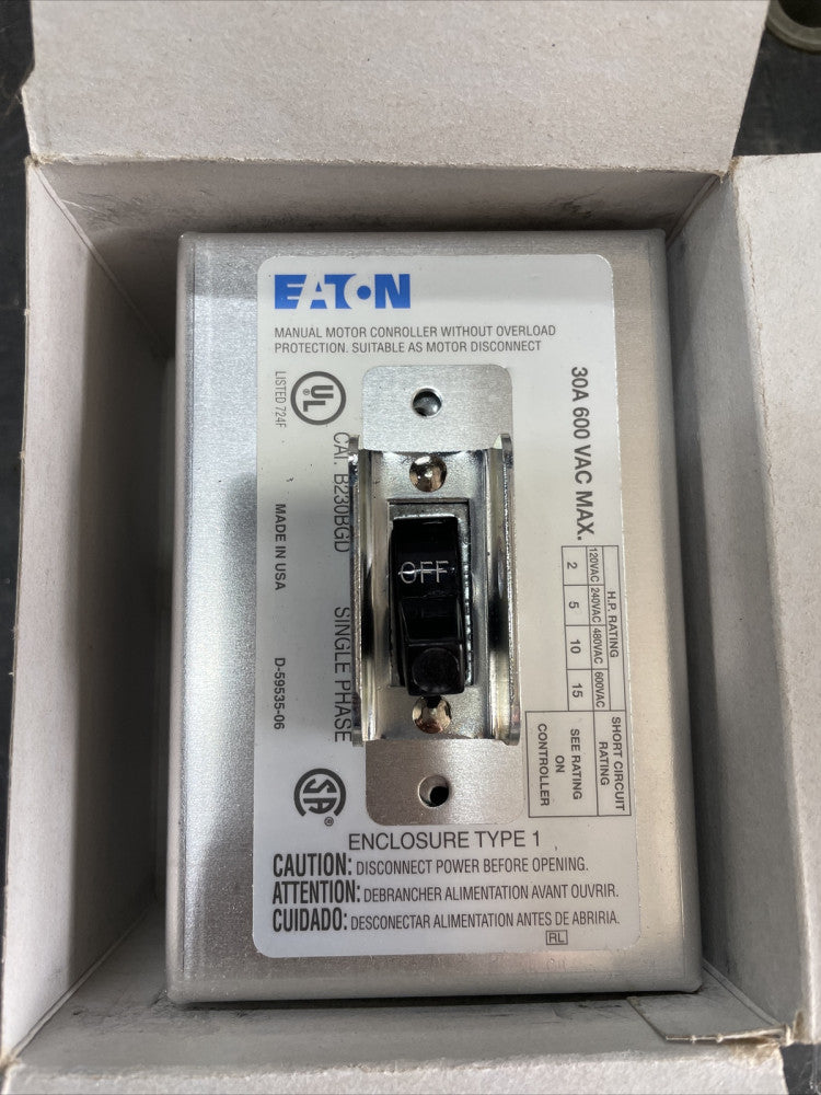 1) New in Box! Eaton B230BGD Manual Motor Switch Enclosed 2P 30A 600V 1Ph NEMA 1