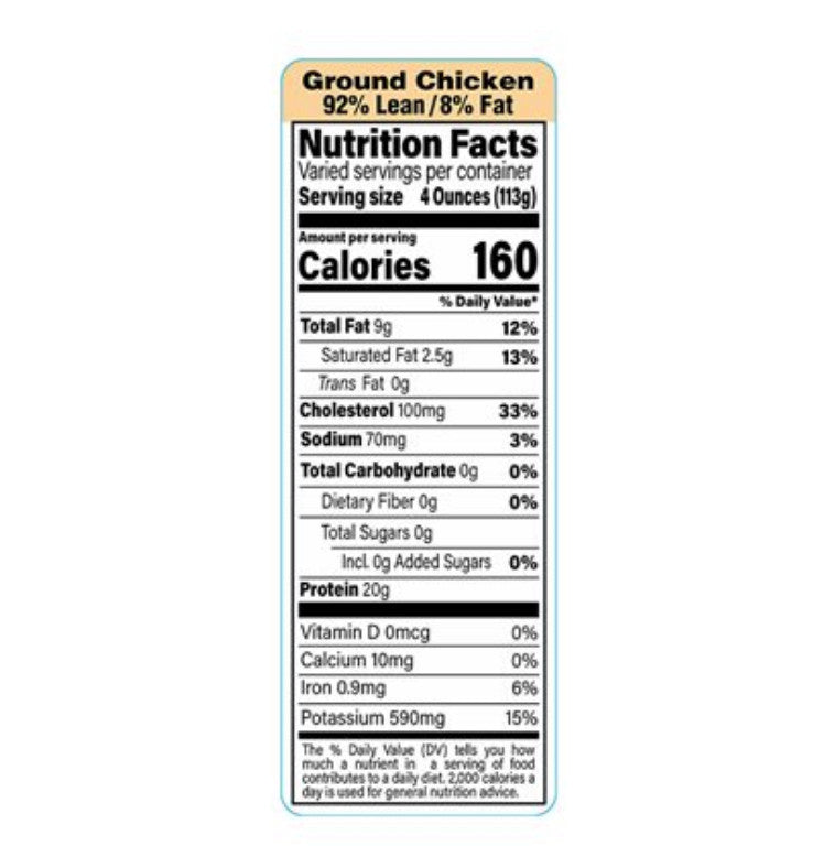 Ground Chicken 92% Lean 8% Fat Meat Nutritional Grinds Label 1.5” x 4.125” 1000
