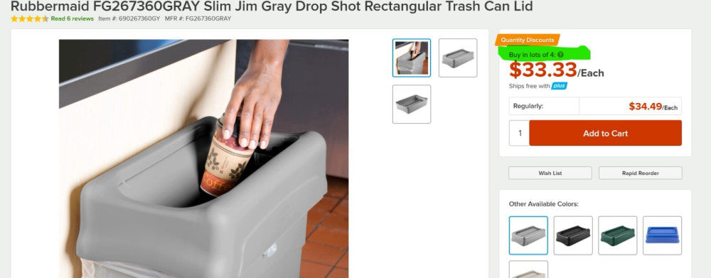 Box Of (4) RubbermaidSlim Jim Gray Drop Shot Rectangular Trash Can Lids [Z2S3]