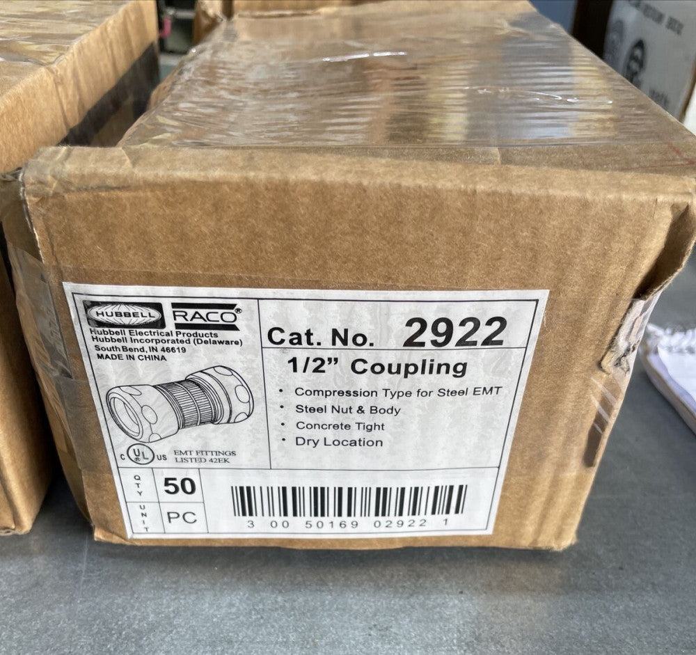 1 Box 50-Hubbell RACO 2922 1/2" COMPRESSION TYPE COUPLINGS FOR STEEL EMT CONDUIT