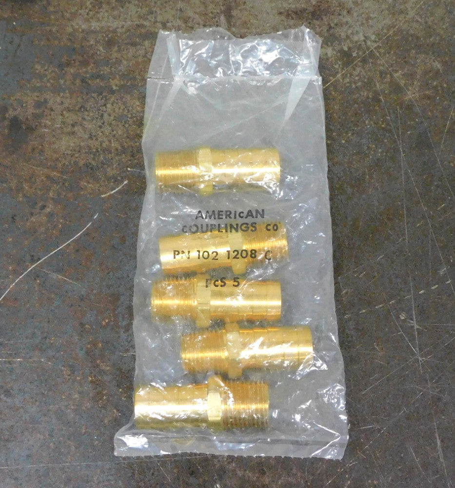 American Couplings - 102-1208-C Brass Push-On Hose Fitting 1/2" NPT Lot of Five