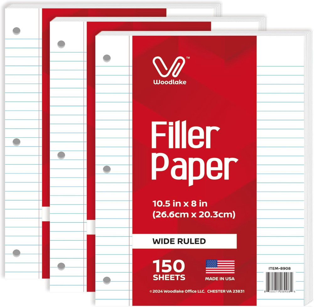 Loose Leaf Paper, Wide Ruled Notebook Paper, 8 X 10.5”, 150 Sheets per Pack, 3 P