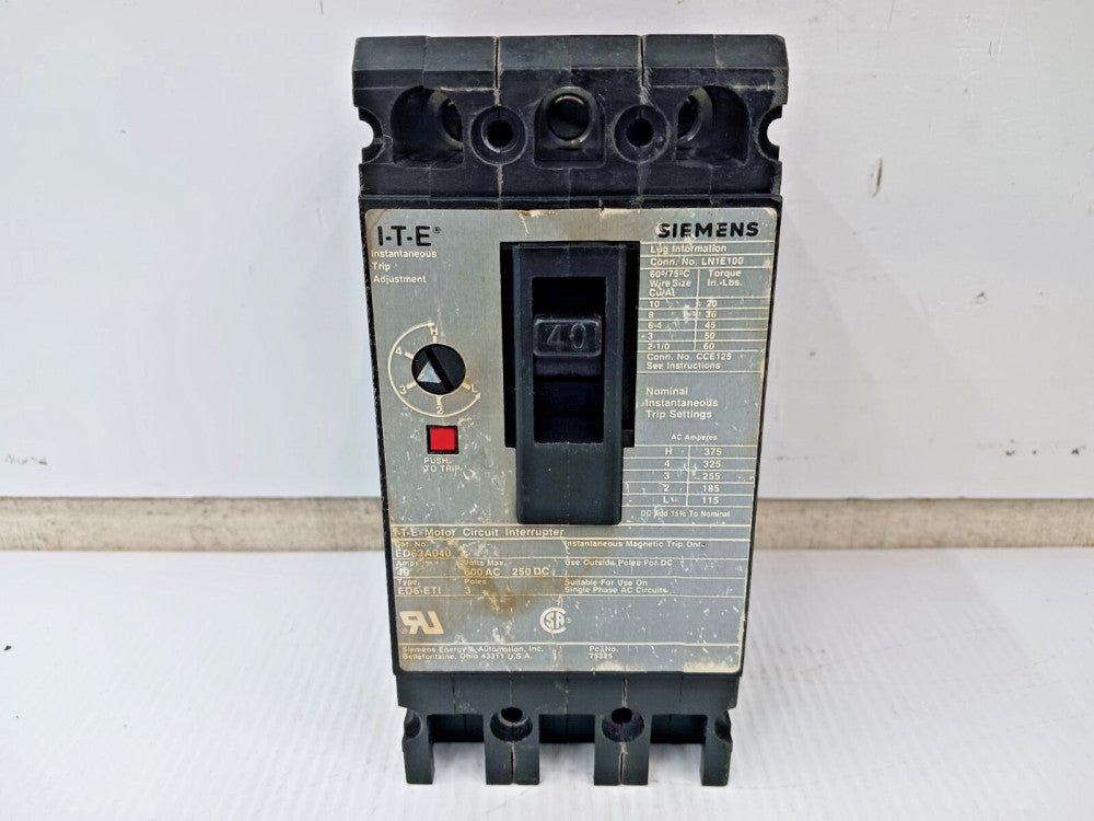 Siemens ITE 40 Amp Motor Circuit Interrupter 3 Pole 600 VAC / 250 VDC ED63A040