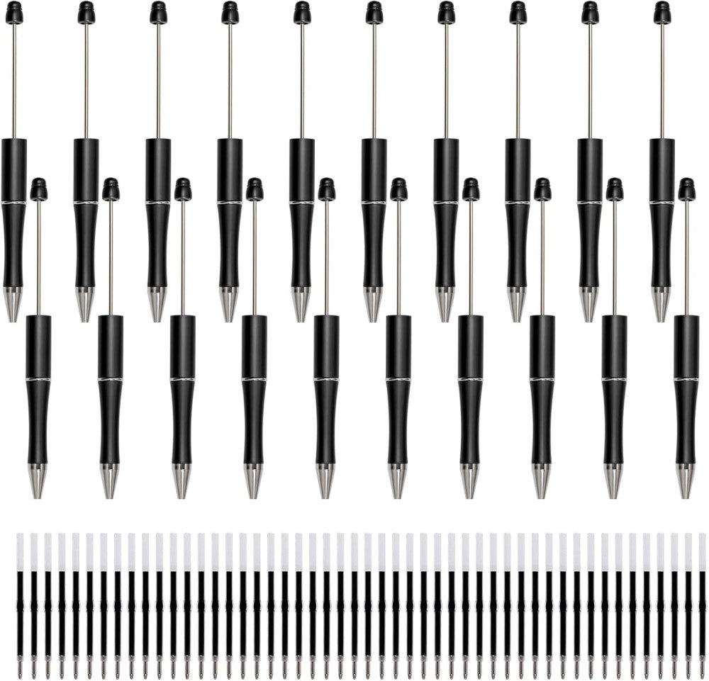 20Pcs Black Beadable Pens Plastic Bead Ballpoint Pens Bulk with 50Pcs Black Ink 