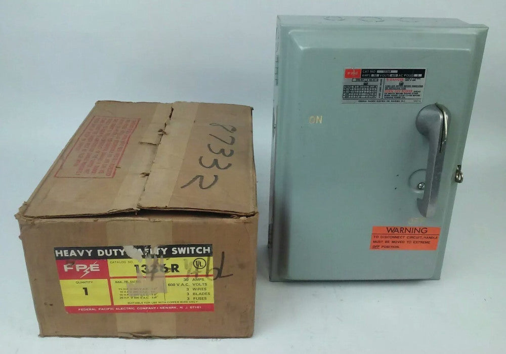 FPE 1336R FUSIBLE SAFETY SWITCH 3P, 30A, 600VAC, 3 WIRE, 3 BLADES, 20HP 