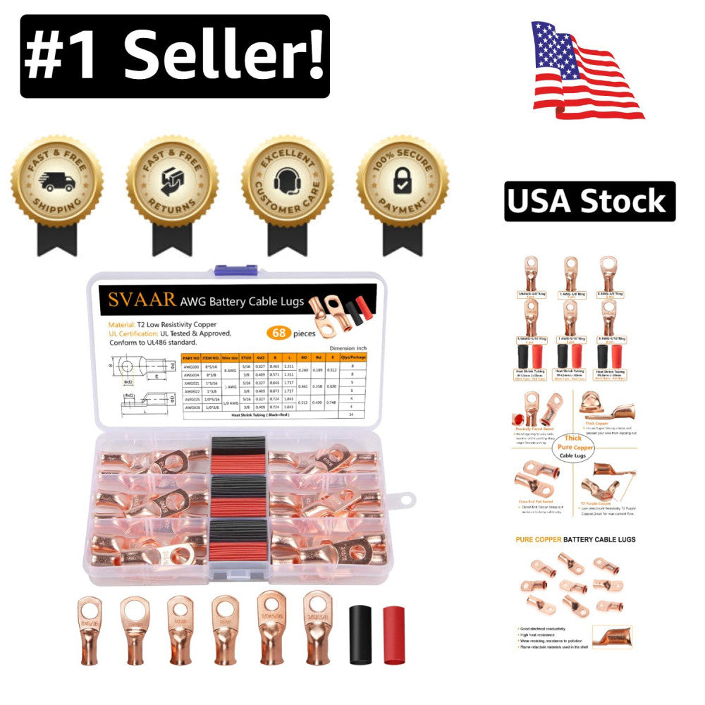 Versatile 68-Piece Copper Battery Lugs and Heat Shrink Tube Set - 1/0 to 8 AWG