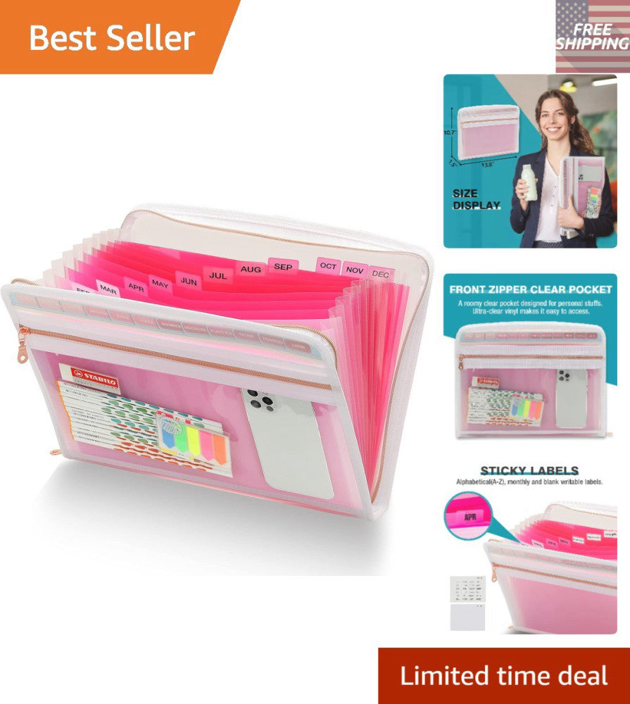13 Pocket Accordion Files with Zipper - Stylish Pink Organizer for Home & Office