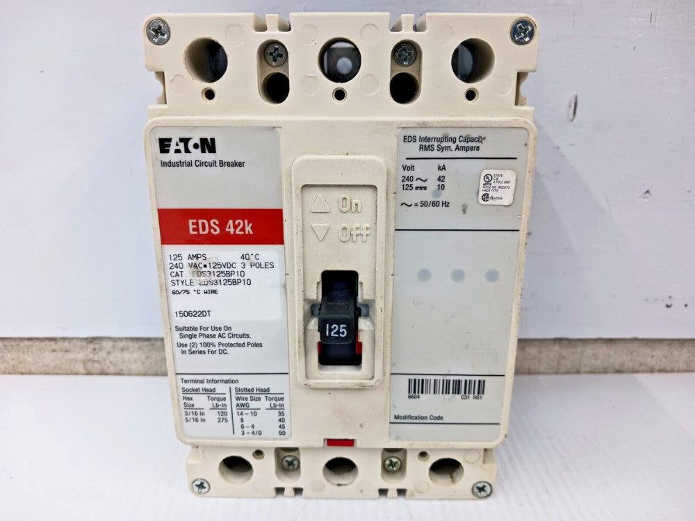 EATON 125 AMP CIRCUIT BREAKER 3 POLE 240 VAC / 125 VDC 42kA EDS3125BP10