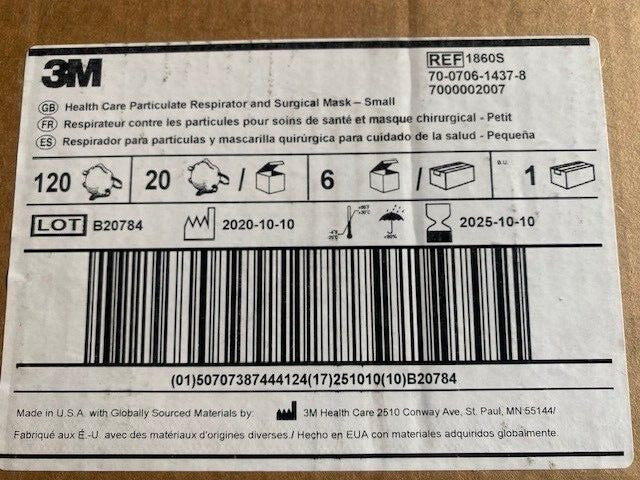 *CASE OF 120* 3M N95 1860S Health Care Particulate Respirator Surgical Face Mask