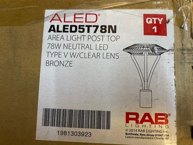 RAB ALED5T78N - 78 Watt - LED - Post Top Light Fixture -  Bronze (NEW)