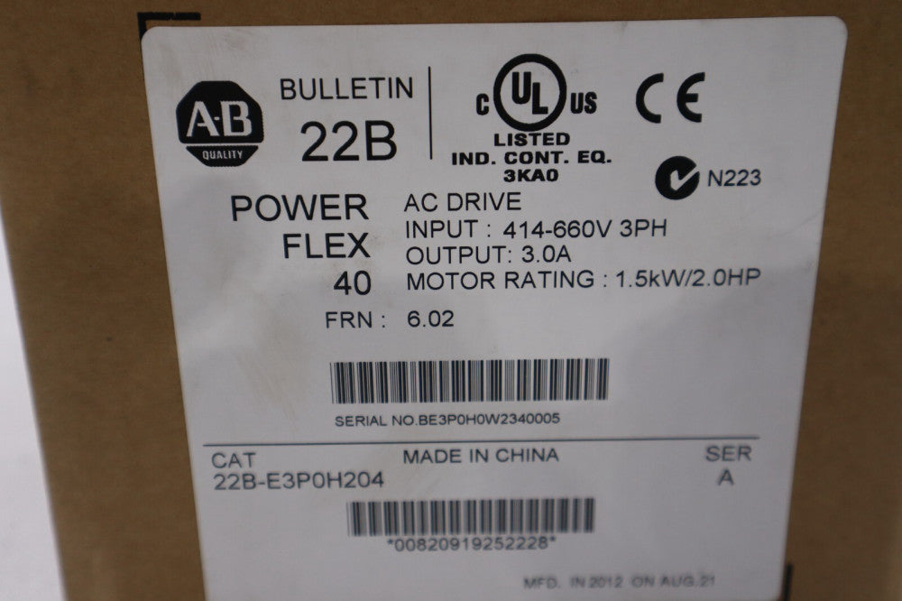 NEW ALLEN BRADLEY 22B-E3P0H204 POWERFLEX 40 2 HP SER A STOCK 2531