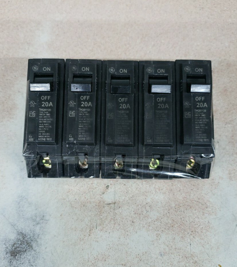 1- General Electric THQB1120 20A 1 Pole Circuit Breaker 1 LOT OF 5 NOS