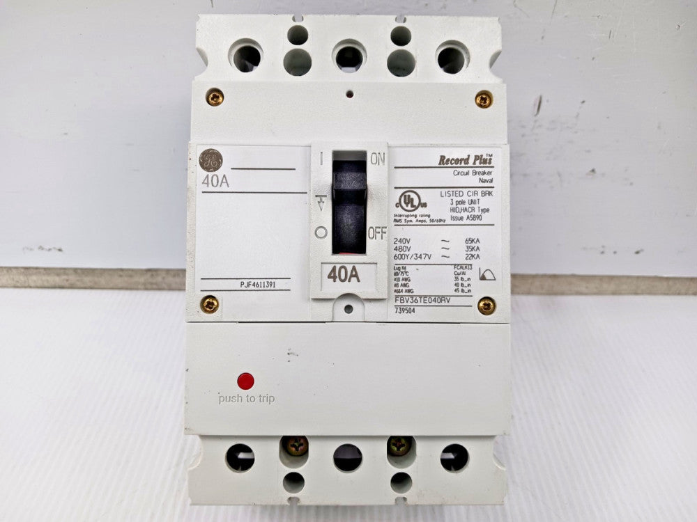 GE Record Plus 40 Amp Circuit Breaker 3 Pole 600Y/347 VAC 35kA FBV36TE040RV