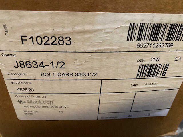 (CASE OF 250) MACLEAN Carriage Bolt 3/8" x 4-1/2" J8634-1/2