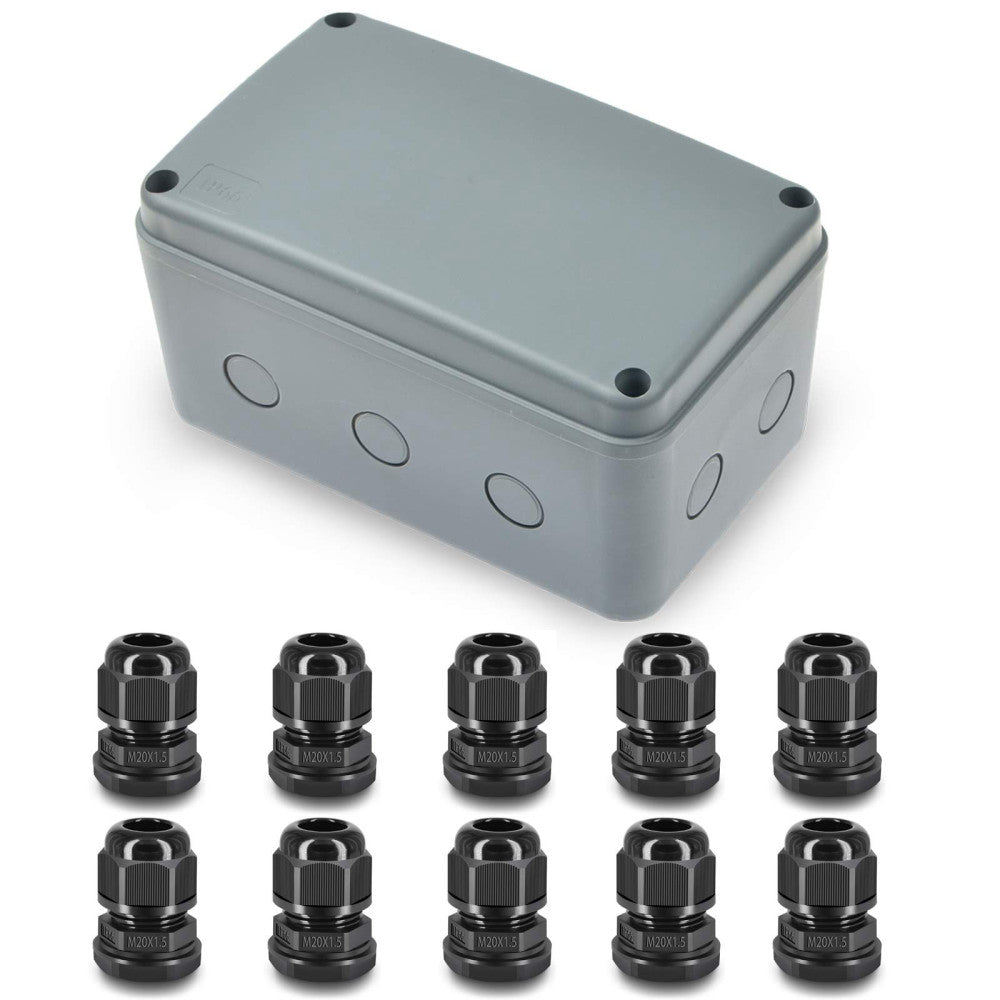 Electrical Junction Box Enclosure Case 181 x 111 x 100mm with 10Cable Glands ABS