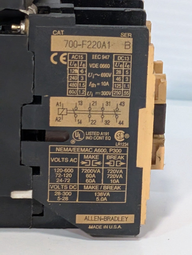 Allen Bradley AB 700-F220A1 Series B Relay Contactor, pre-owned, as shown