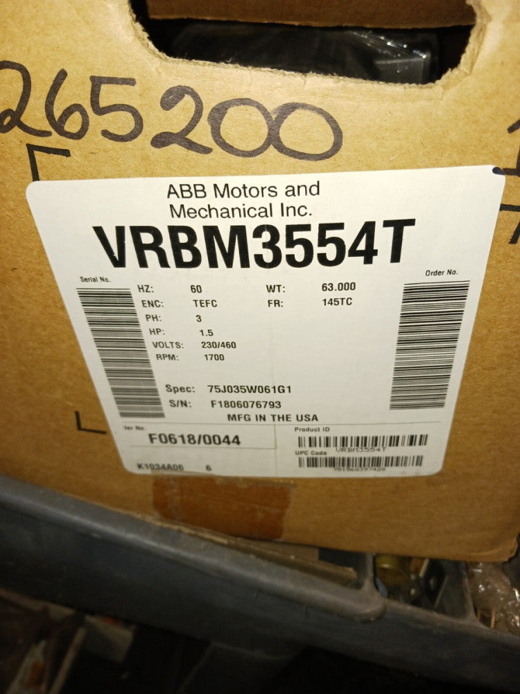 NEW BALDOR 1.5 HP AC BRAKE MOTOR VRBM3554T 145TC 230/460 VAC 1700 RPM TEFC