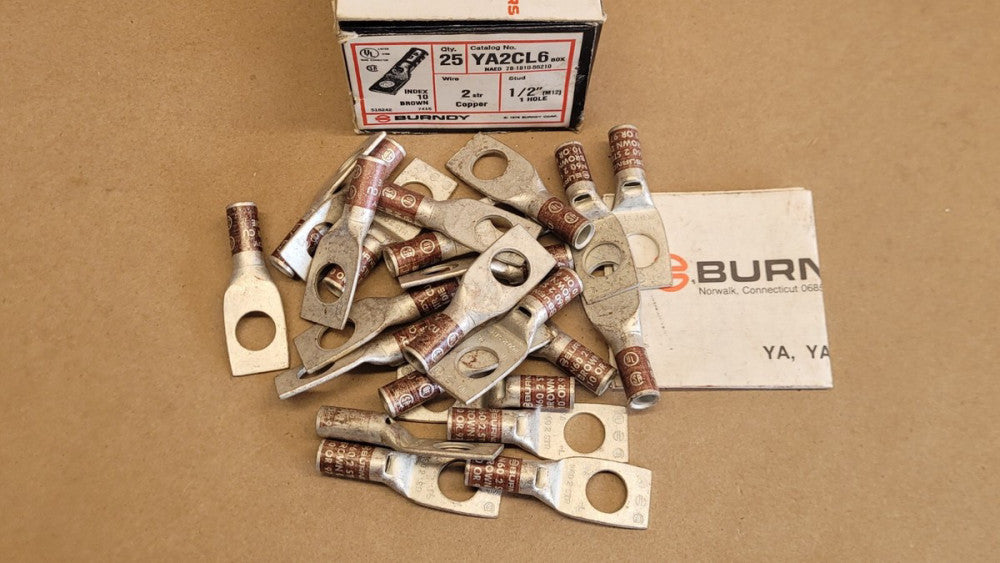 Lot of 23 Burndy YA2CL6 N60 2STR CU Crimp Lugs Brown Die 1/2" Bolt Hole