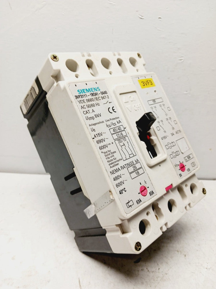 SIEMENS 3VF3111-1BQ41-0AA0 63/80 AMP CIRCUIT BREAKER 3 POLE 690 VAC 600 VDC