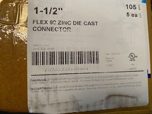 (5 PACK) 1-1/2" 90 Degree 2-Screw Flex Connector, Zinc Die-Cast Southwire 105