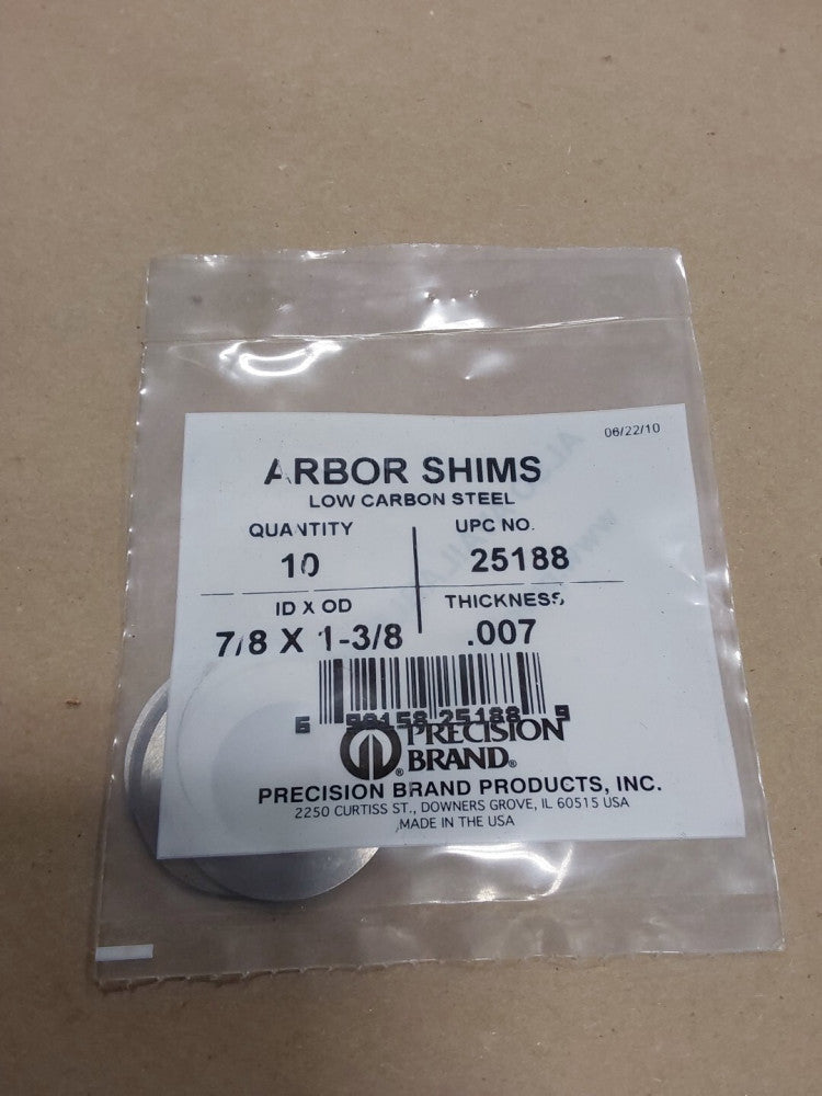 Precision Brand Arbor Shims 25188 7/8x1-3/8x.007 Low Carbon Steel, Pack Of 10