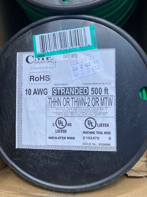 CME Cable Co. 500 FT, Stranded Wire THHN or THWN-2 Wire Type 10 AWG, Green (NEW)