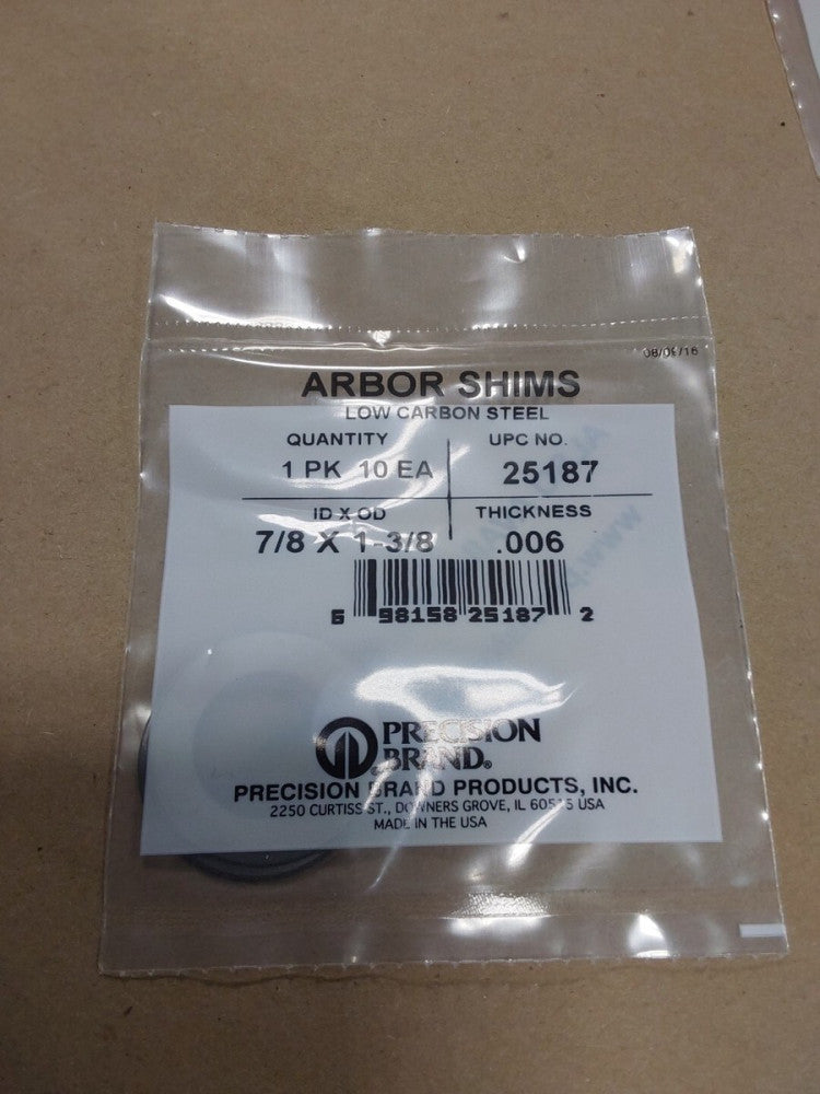 PRECISION BRAND 25187 Arbor Shim, Steel, .006 Thickness, Pack Of 10