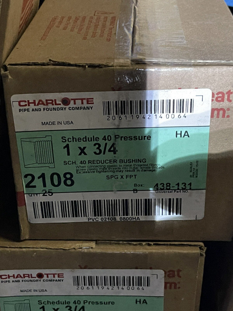 CHARLOTTE SCHEDULE 40 PRESSURE 1x3/4" REDUCER BEARING 2108, 438-131 (25 PC LOT)