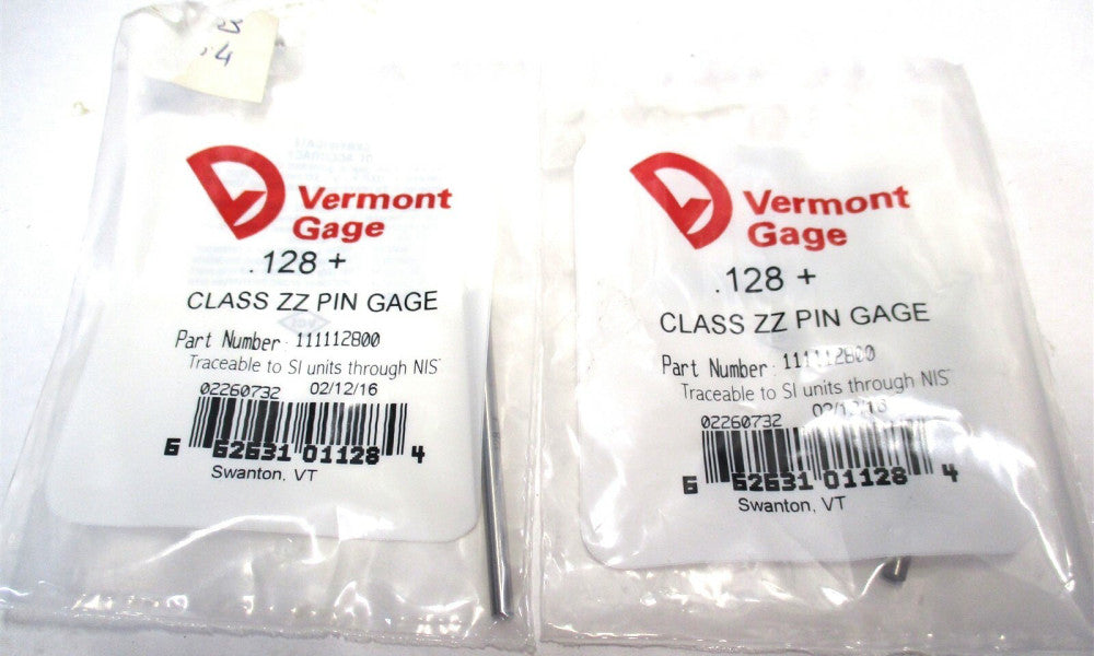 Vermont Gage (111112800) 0.128" Diameter Class ZZ Minus Pin Gage - Lot of 2