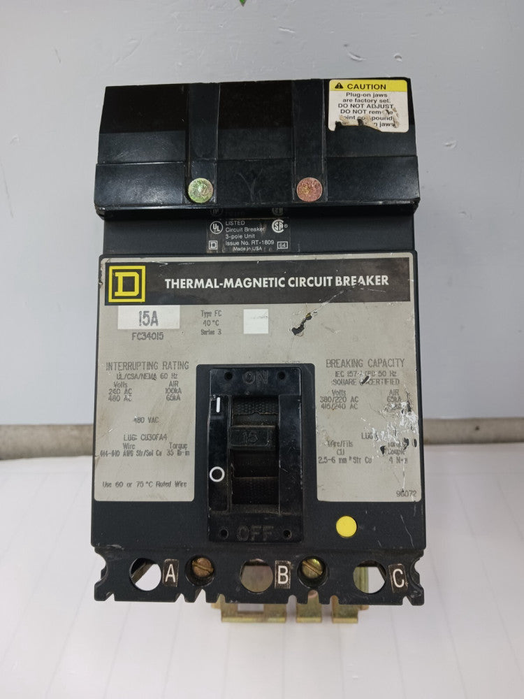 Square D 15 Amp I-Line Thermal-Magnetic Circuit Breaker 3 Pole 480 VAC FC34015