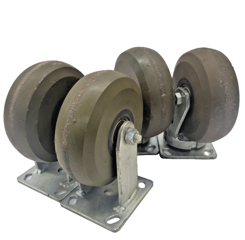 2 6'' DIAMETER GREEN SWIVEL CASTER WHEELS AND 2 GREEN RIGID (LOT OF 4)