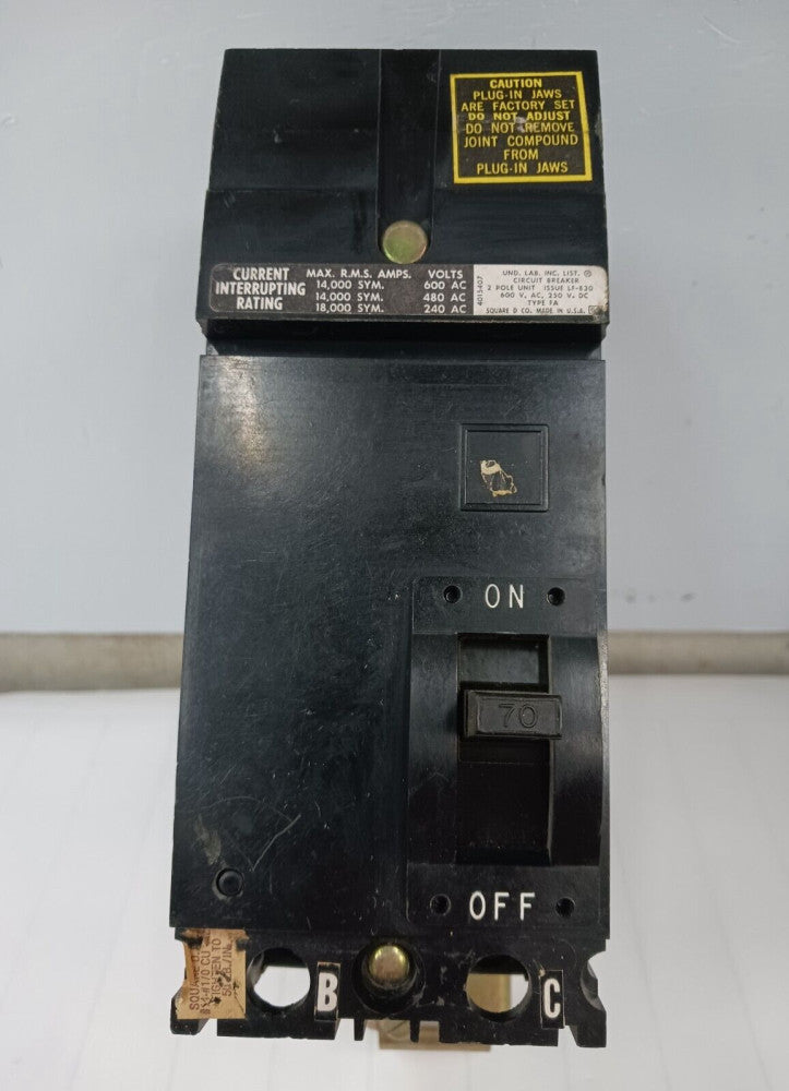 SQUARE D 70 AMP CIRCUIT BREAKER 2 POLE 600 VAC FA-26070-BC