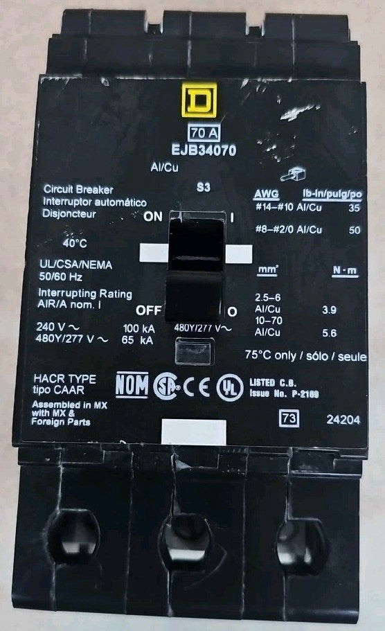 NTO Square D EJB34070 Mini Circuit Breaker 65kA 70 Amp 3Pole Bolt On NT SEE PICS