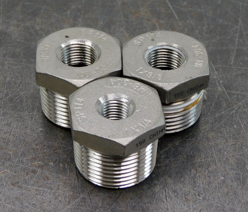 Lot of Three (3) 304 Stainless Steel SS Reducing Hex Bushing 1" x 3/8" NPT MB304