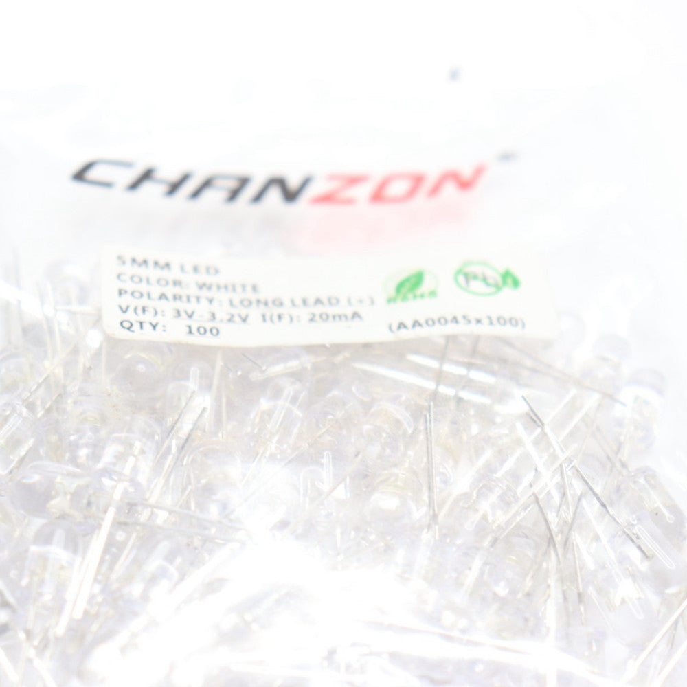 (100-Pk) Chanzon Long LED White 20MA 5MM 3V-3.2V AA0045X100-F
