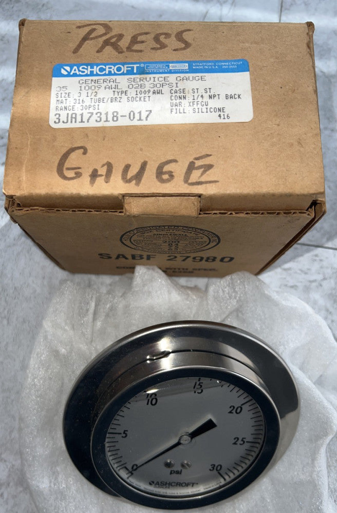 Nos Surplus Ashcroft Gauge 3JA17318-017 30 Psi Gauge