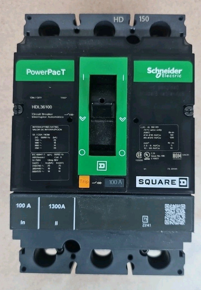 SQUARE D HDL36100 HDL 3 POLE 100 AMP 480v CIRCUIT BREAKER POWERPACT NTO
