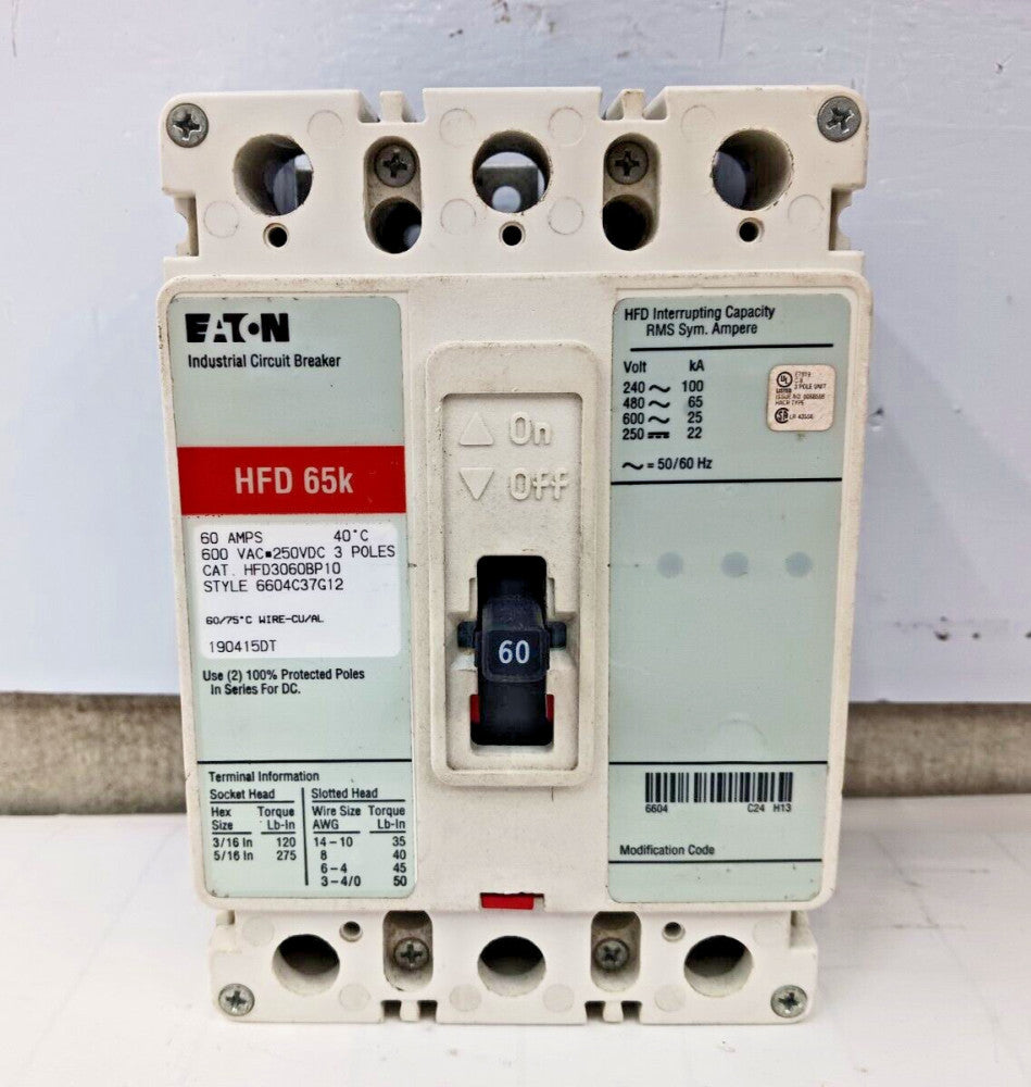 EATON 60 AMP CIRCUIT BREAKER 3 POLE 600 VAC HFD3060BP10 (FLAW)