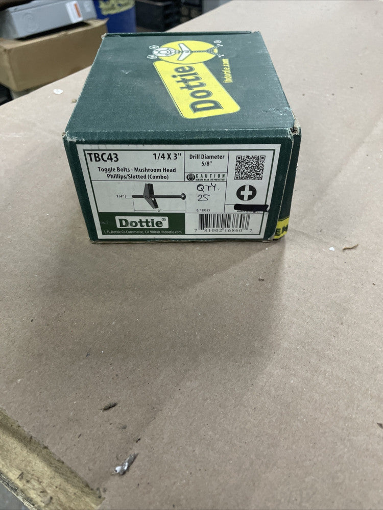 New Old Stock! Box of 25 Dottie TBC43 1/4 X 3" Toggle Bolts 
