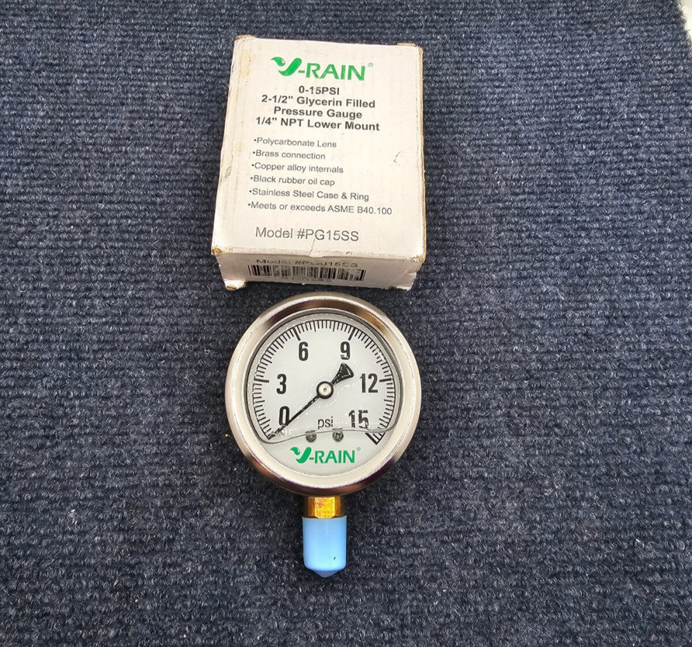 V-Rain PG15SS 2-1/2" Glycerin Filled Pressure Gauge 1/4" NPT Lower Mount 0-15PSI