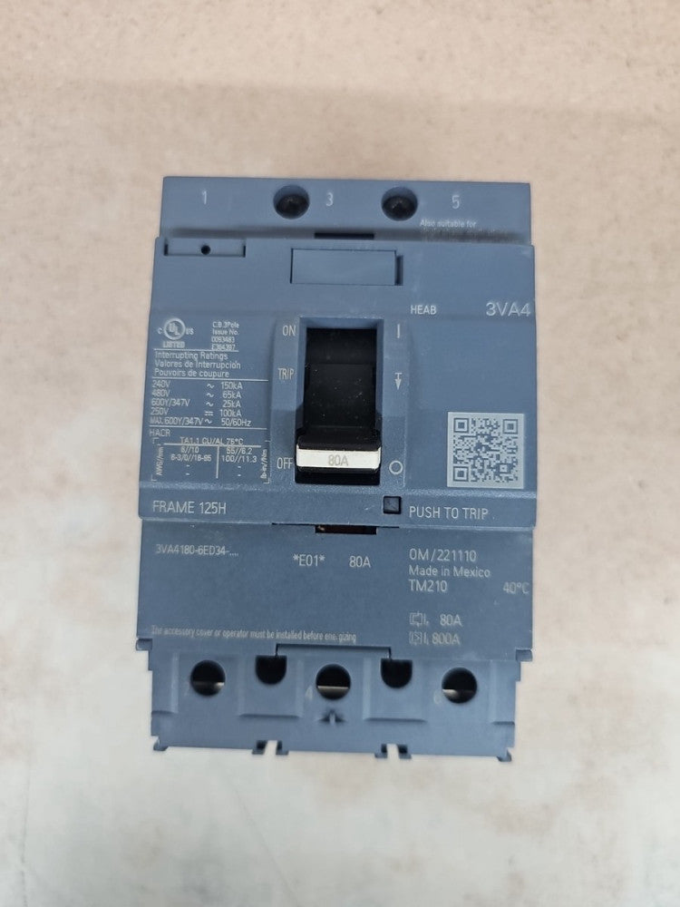 Siemens 3VA4180-6ED34-0AA0 3 pole 80 Amp 480v Bolt On Breaker 