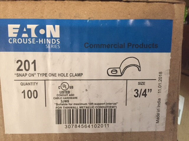 (Box of 100) Eaton Crouse-Hinds 201 Heavy-Gauge Steel 1-Hole Snap-On Clamp, 3/4"