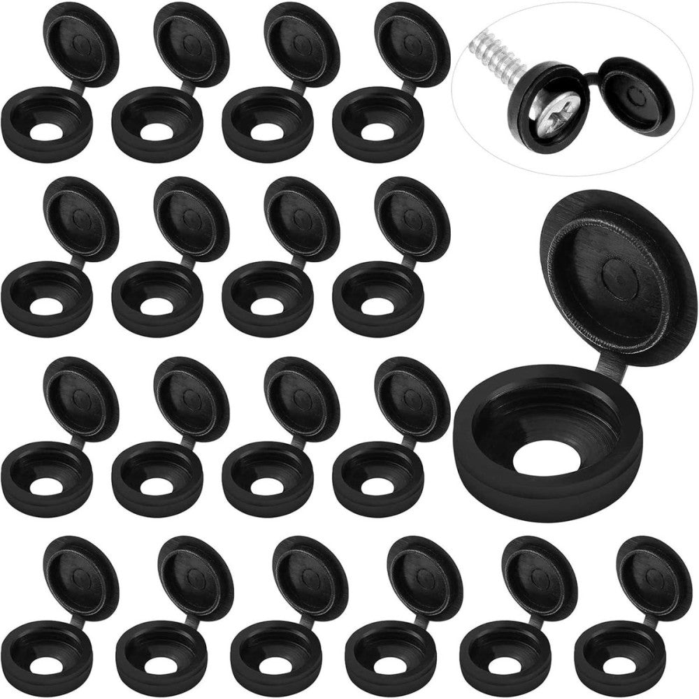 100 Pcs Black Hinged Screw Cover Caps – Snap Flip Tops w/ Washers Small