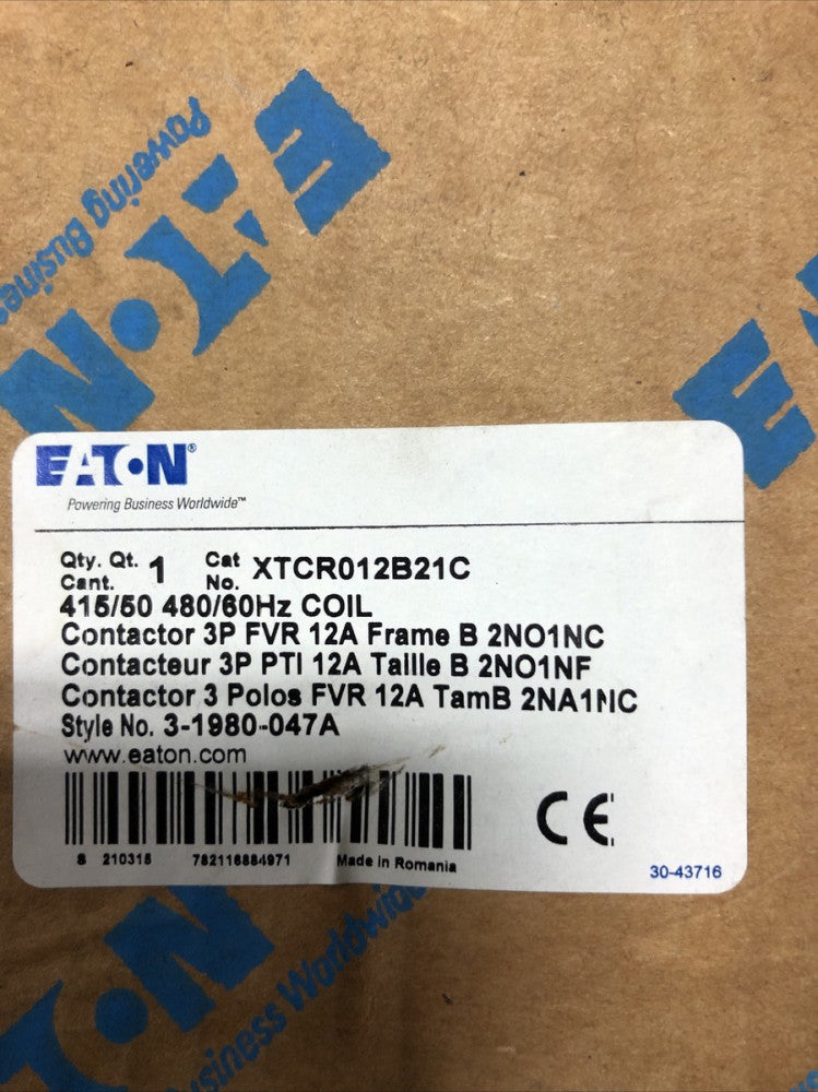 EATON XTCR012B21C IEC Magnetic Contactor, 3 Poles, 480V AC, 12 A, Reversing: Yes