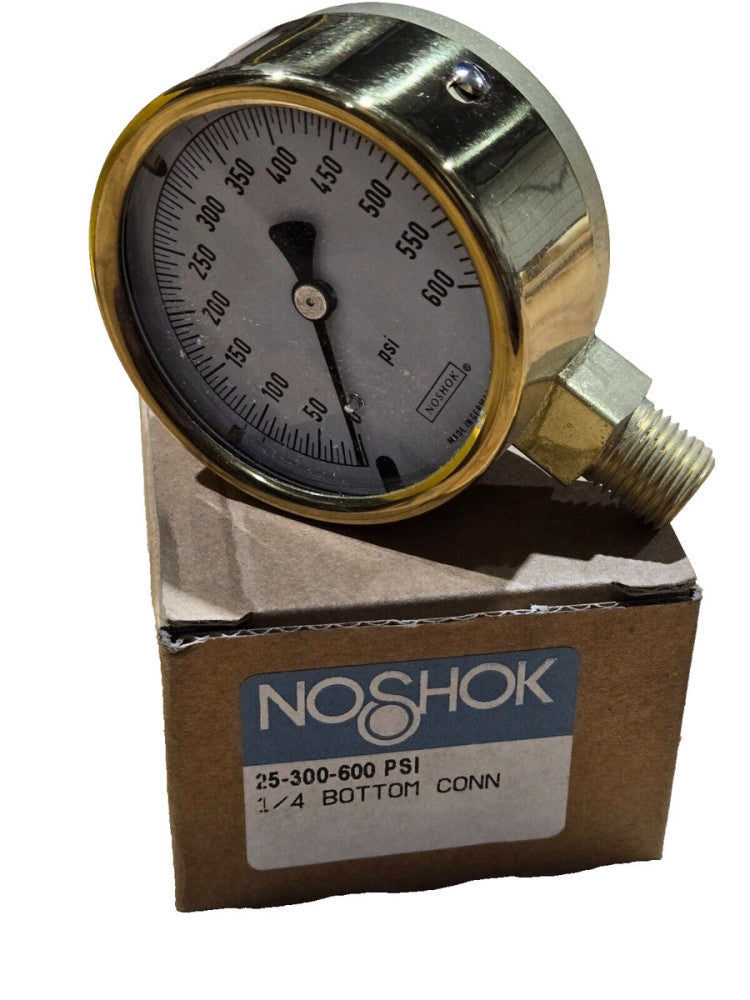 NoShok Gauge 25-300-600 Psi 1/4 NPT Bottom Connector - New In Box
