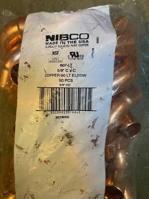 (50 PACK) Nibco 607-LT Elbow Copper 90 Degrees 1/2", Outside Dia 5/8"